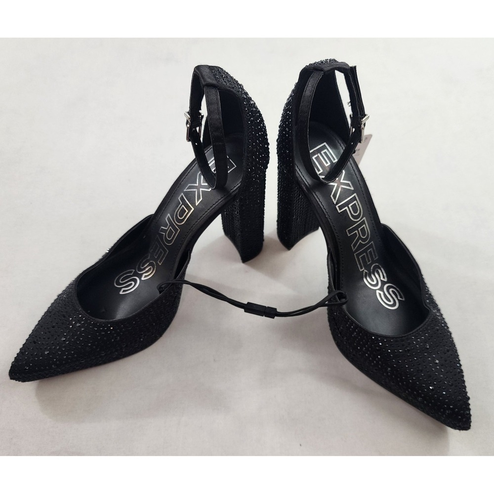 Express Black Rhinestone Ankle Strap Pointed Toe Block Heels Womens 8 46281296